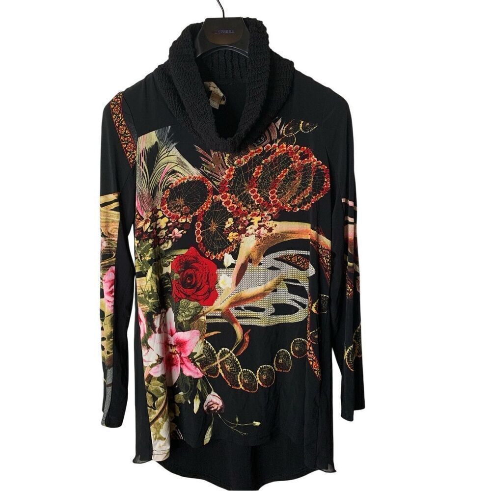 Joseph Ribkoff floral art to wear top black women's size 8